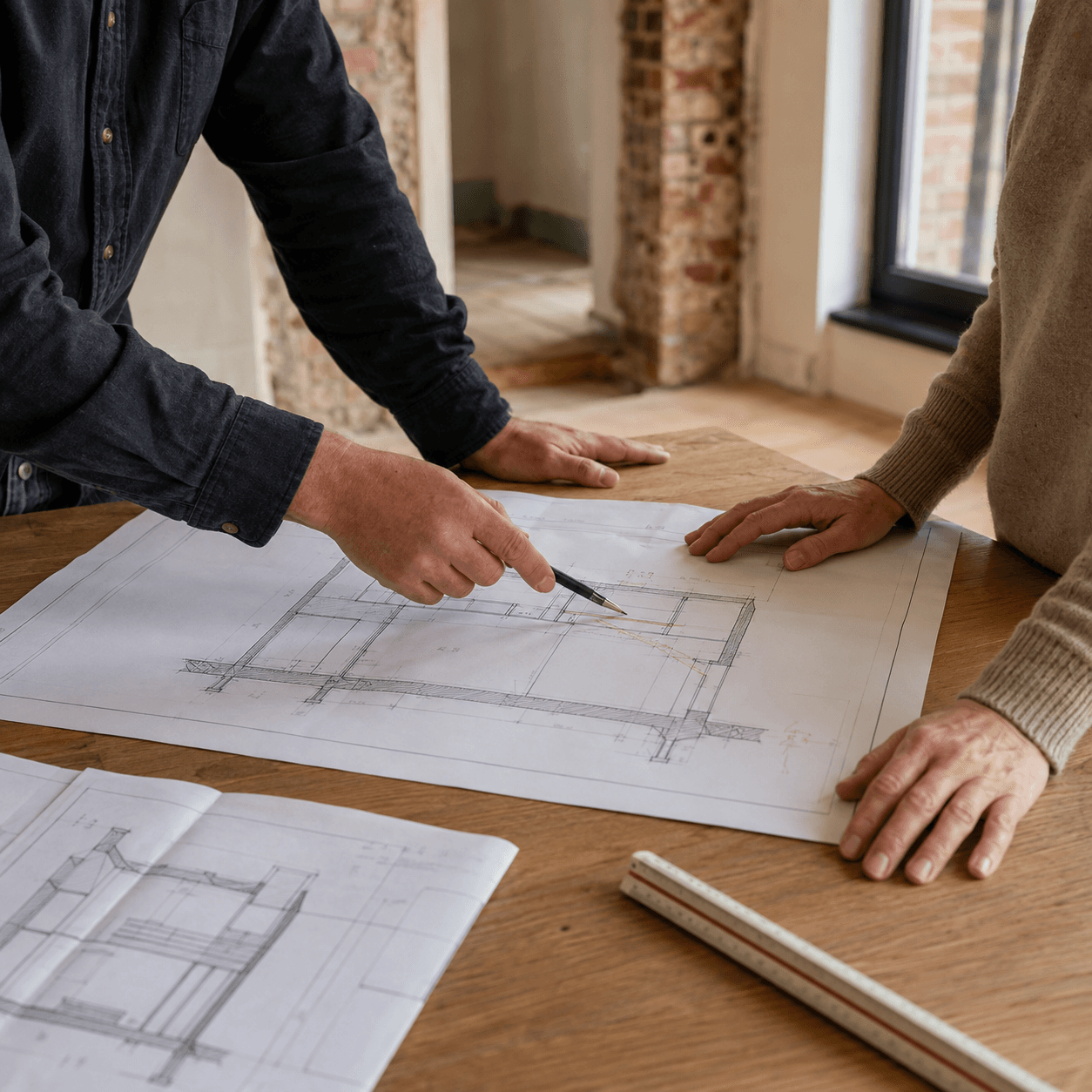 Illustration : un ingénieur et un particulier échangent autour des plans d’une maison en rénovation